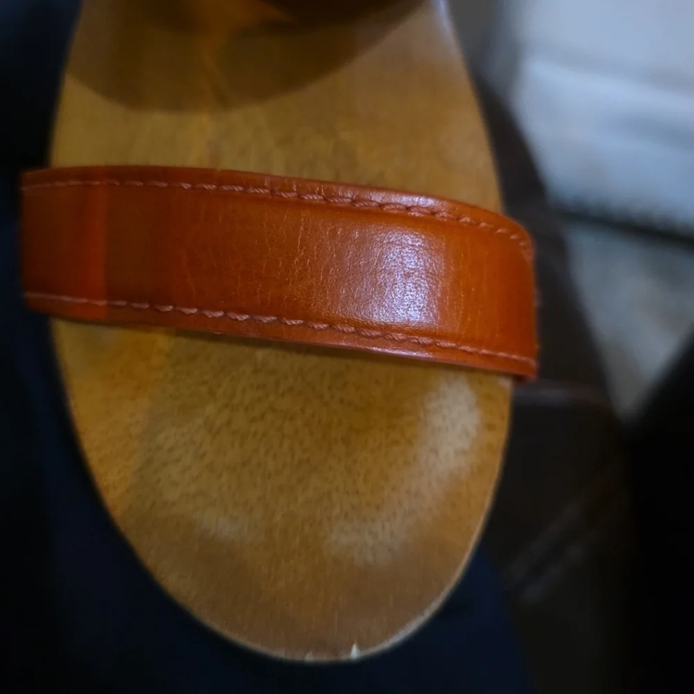 Tory Burch Womens Orange Gold  Leather Wooden Wedge Sandals Size 9 Boho TN Vols - Picture 7 of 13